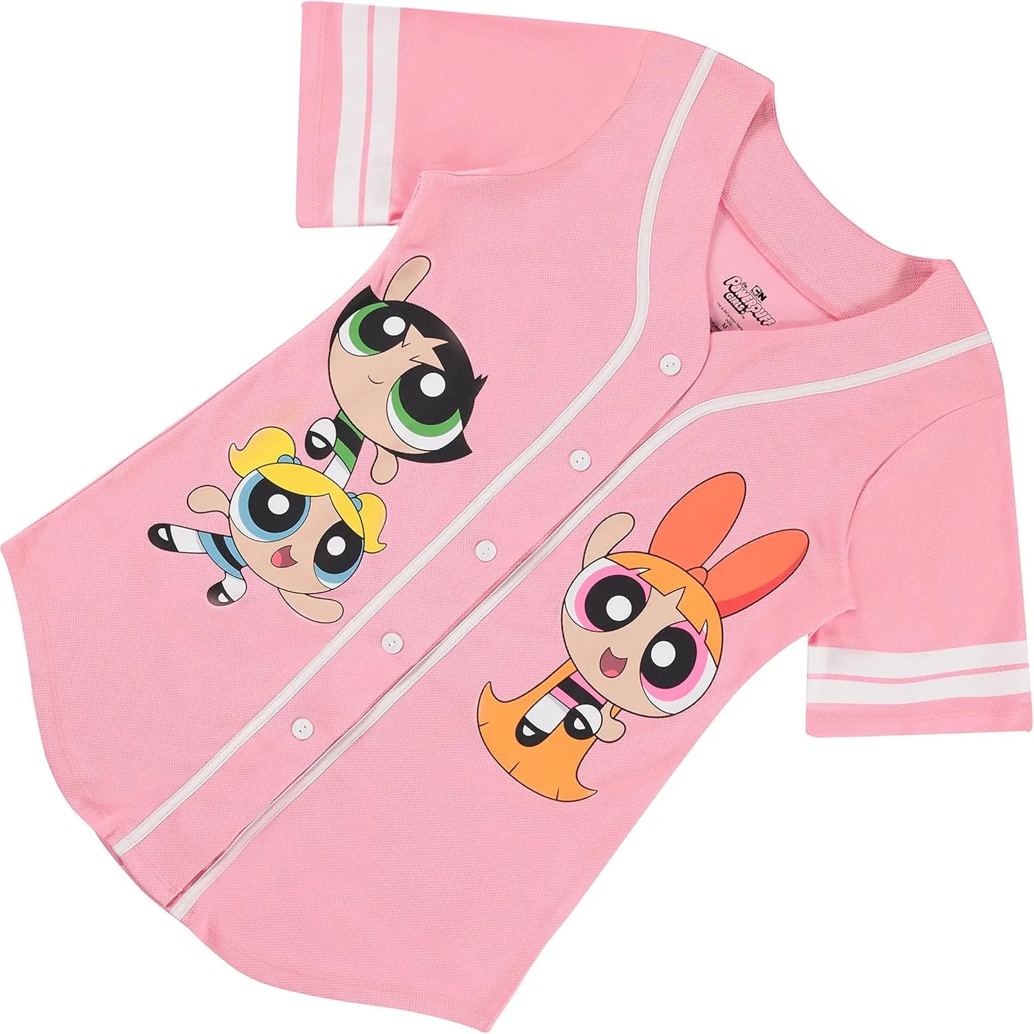 Ladies Powerpuff Girls Baseball Jersey - Powerpuff Mesh Button Down Baseball Jersey - Blossom Bubble and Buttercup Shirt