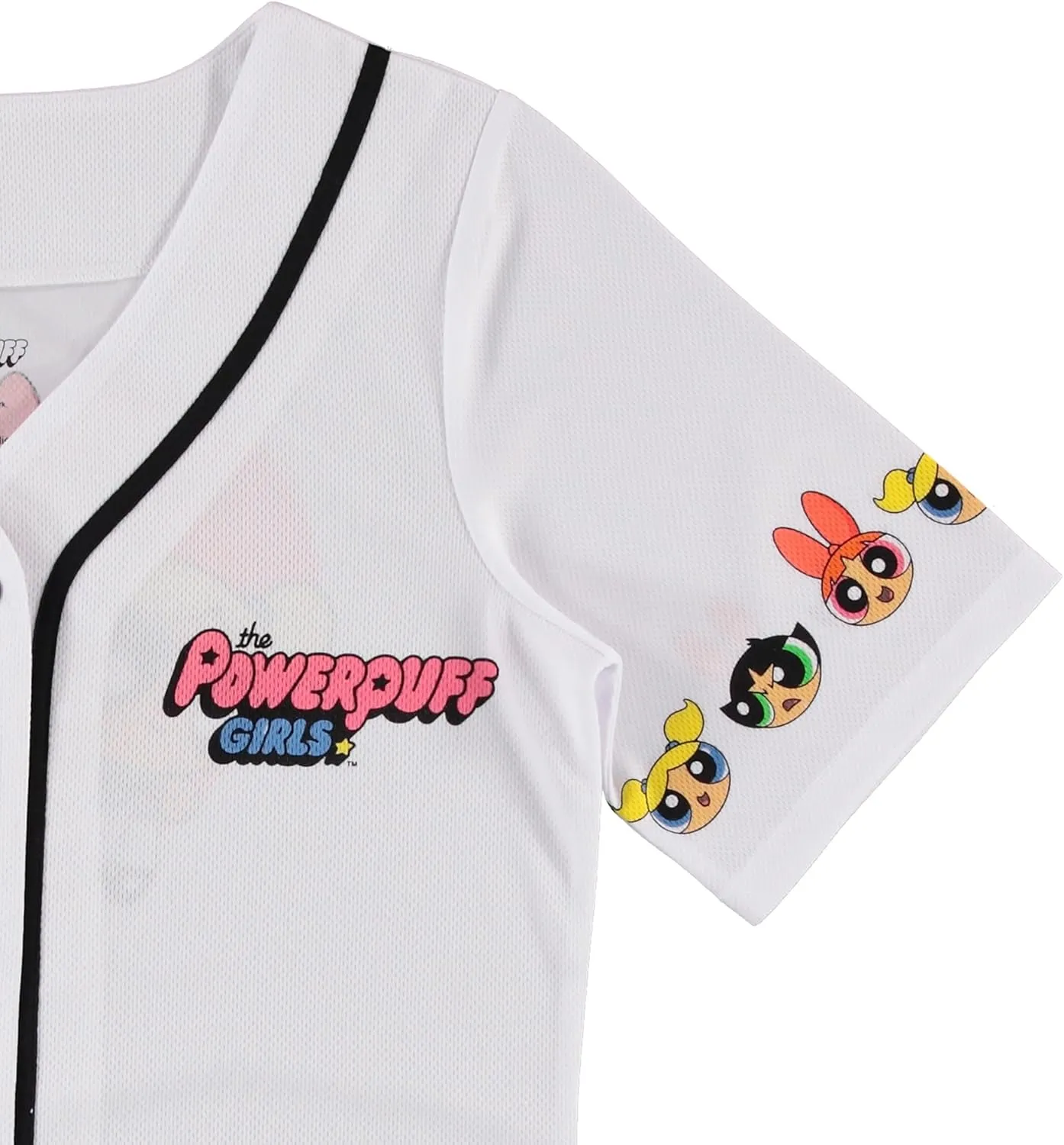 Ladies Powerpuff Girls Baseball Jersey - Powerpuff Mesh Button Down Baseball Jersey - Blossom Bubble and Buttercup Shirt