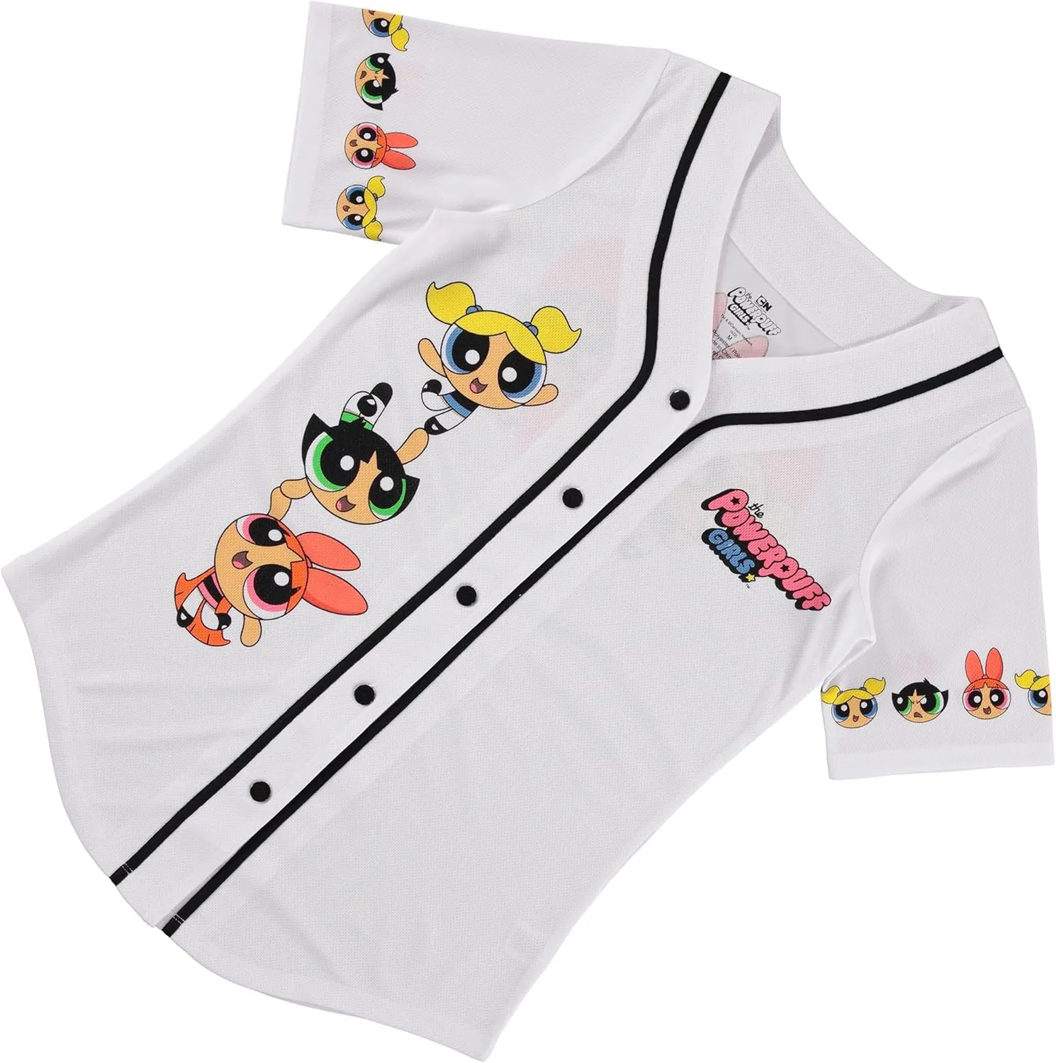 Ladies Powerpuff Girls Baseball Jersey - Powerpuff Mesh Button Down Baseball Jersey - Blossom Bubble and Buttercup Shirt