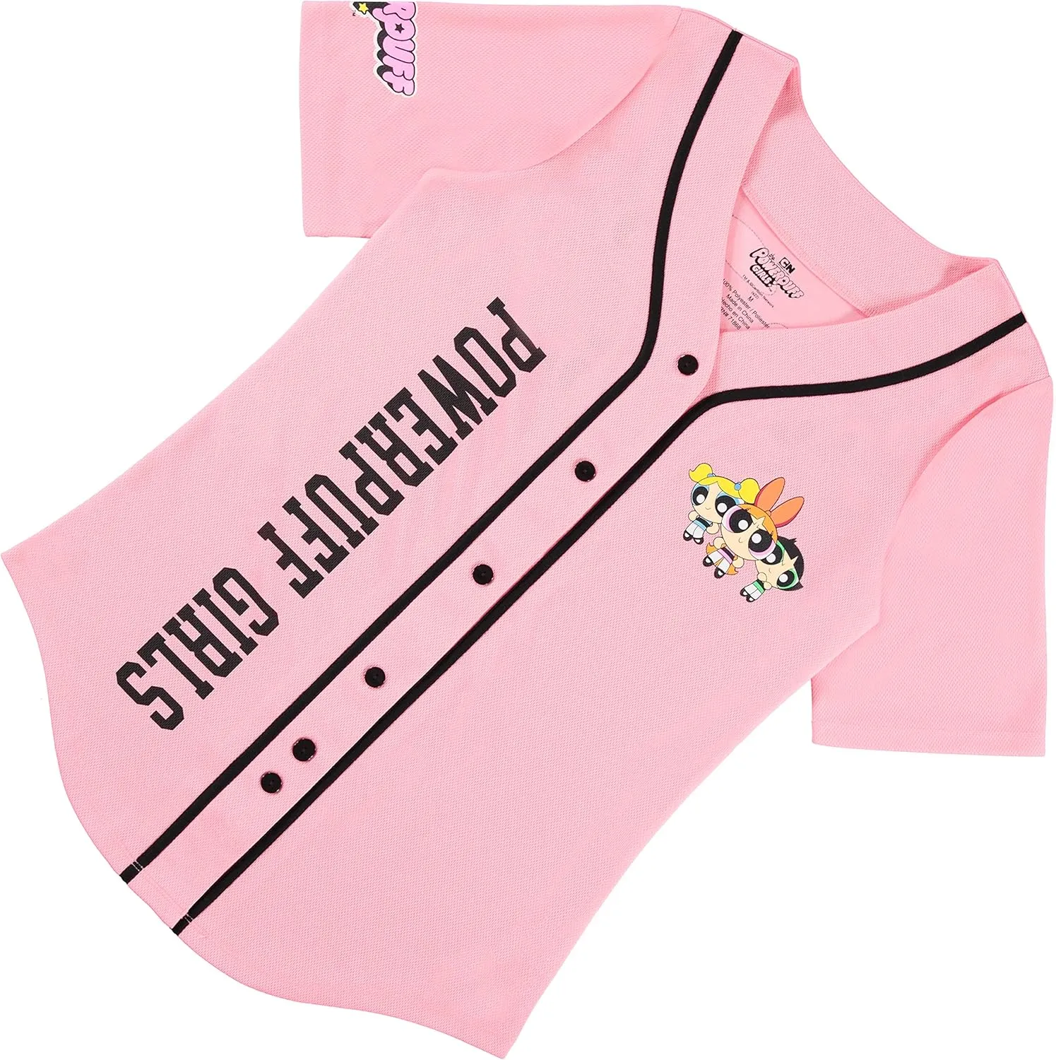 Ladies Powerpuff Girls Baseball Jersey - Powerpuff Mesh Button Down Baseball Jersey - Blossom Bubble and Buttercup Shirt