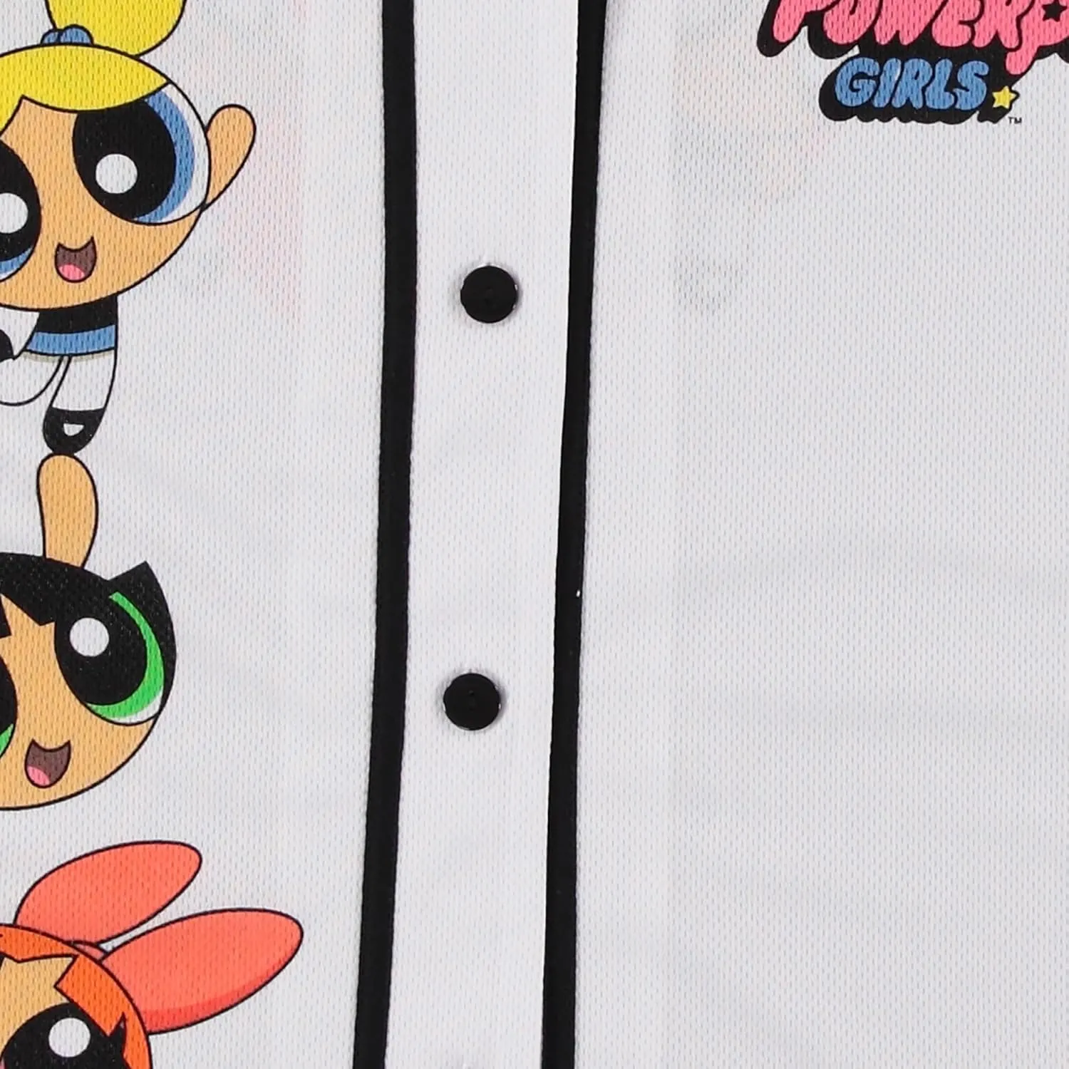 Ladies Powerpuff Girls Baseball Jersey - Powerpuff Mesh Button Down Baseball Jersey - Blossom Bubble and Buttercup Shirt