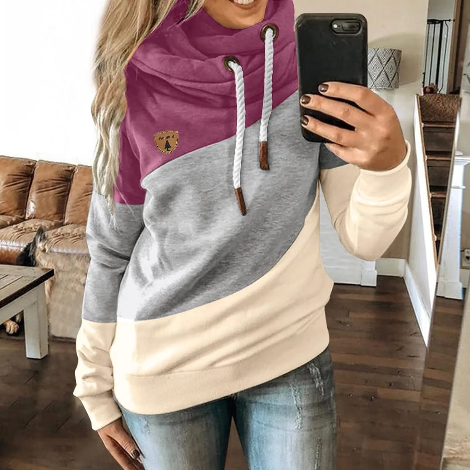 LCMTWX Sleeve Casual Hoodie Splice Contrast Long Sweatshirt Solid Strap Women Tops Women's Hoodies Sweatshirts Petite