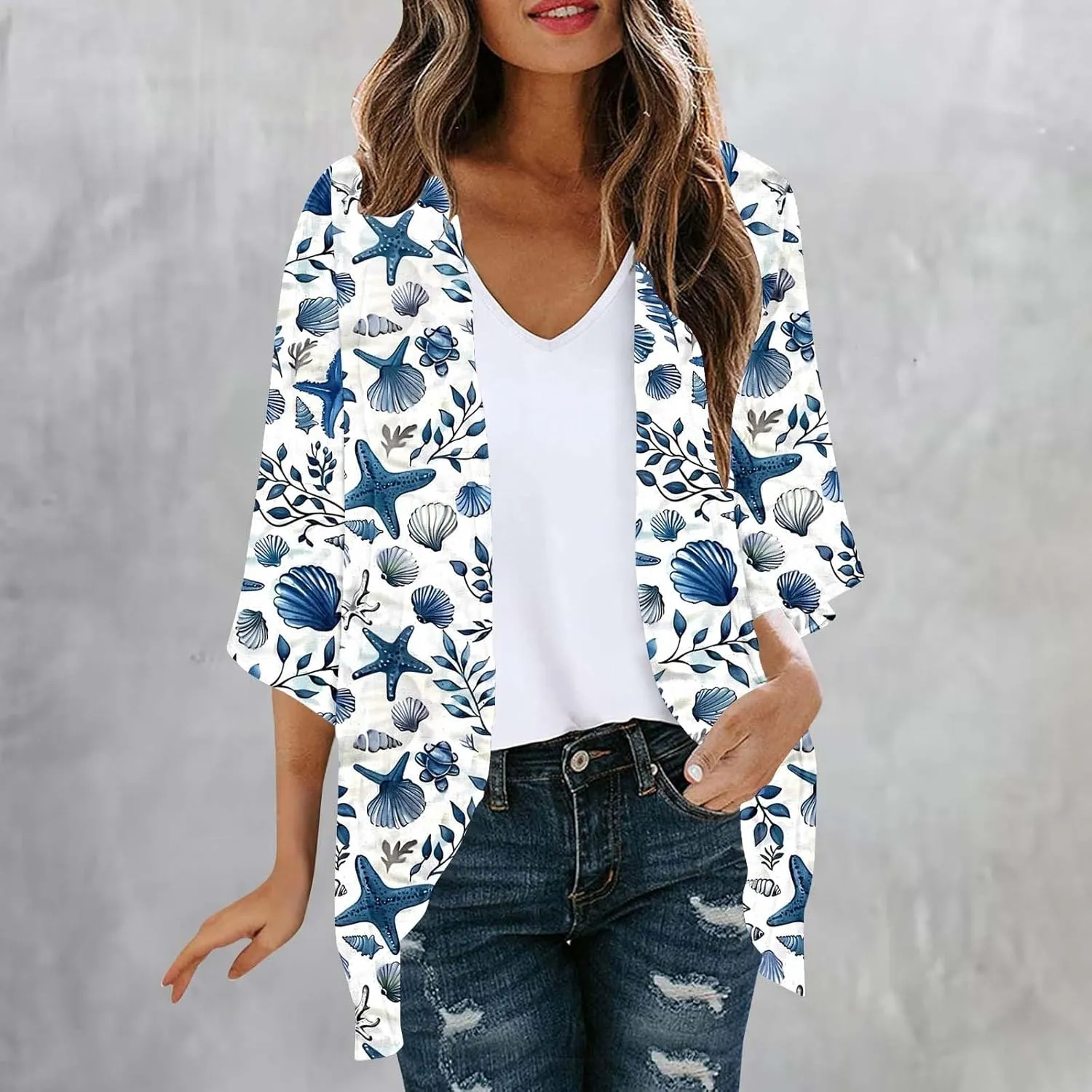 Leopard Chiffon Kimono Cardigans For Womens Lightweight Sun Protection Clothes Rash Guard 3/4 Sleeve Beach Cover Up