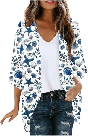 Leopard Chiffon Kimono Cardigans For Womens Lightweight Sun Protection Clothes Rash Guard 3/4 Sleeve Beach Cover Up