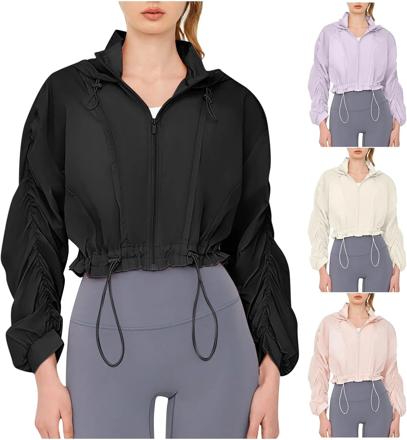 Lightweight Sun Jacket Women Girls UV Protect Full Zip Shirt Ruched Long Sleeve Hoodie Breathable Cool Cropped Jackets