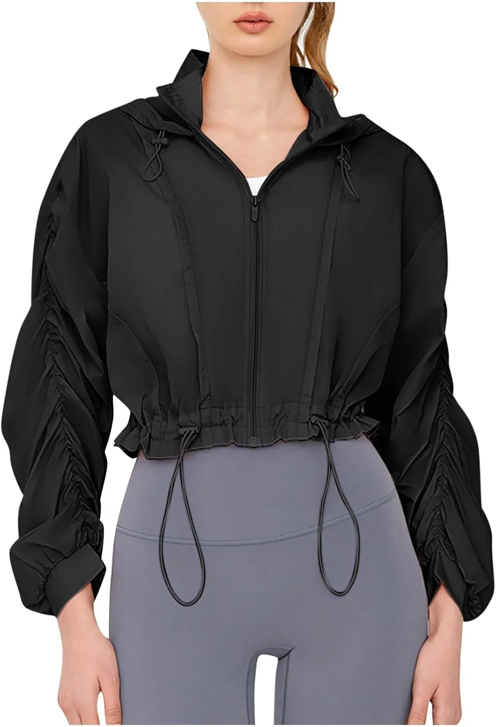 Lightweight Sun Jacket Women Girls UV Protect Full Zip Shirt Ruched Long Sleeve Hoodie Breathable Cool Cropped Jackets