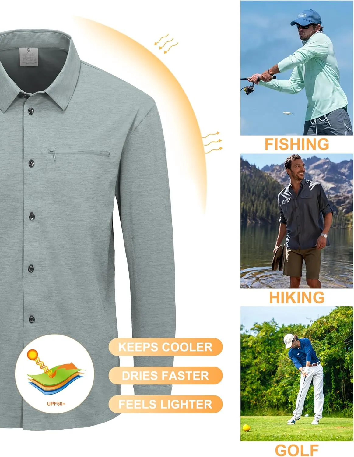 Little Donkey Andy Men's UPF 50  UV Protection Shirts, Cooling Quick-Dry Performance Fishing Shirts for Outdoor