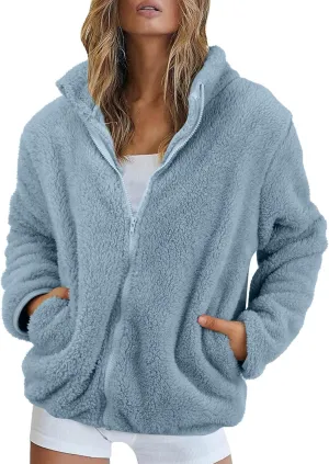 Long Sleeve Fuzzy Jackets for Women Trendy Sherpa Fleece Lined Jacket Tops with Pockets Casual Loose Solid Color Coat
