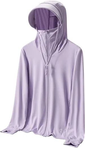 Long Sleeve Sun Protection Hooded Shirt for Women Cooling Plus Size T-Shirts Rash Guard Hiking Jacket with Face Mask