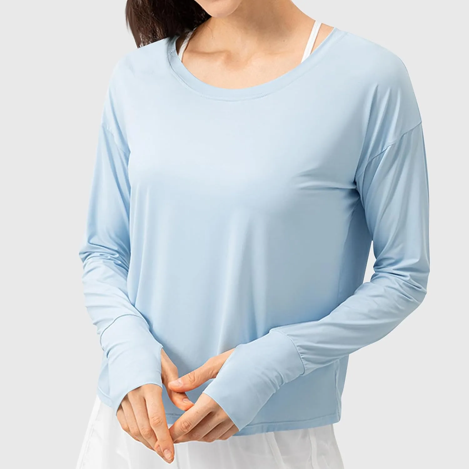 Long Sleeve Sun Protection Shirt for Women Round Neck Solid Color Yoga Workout Lightweight Cooling Summer Jackets