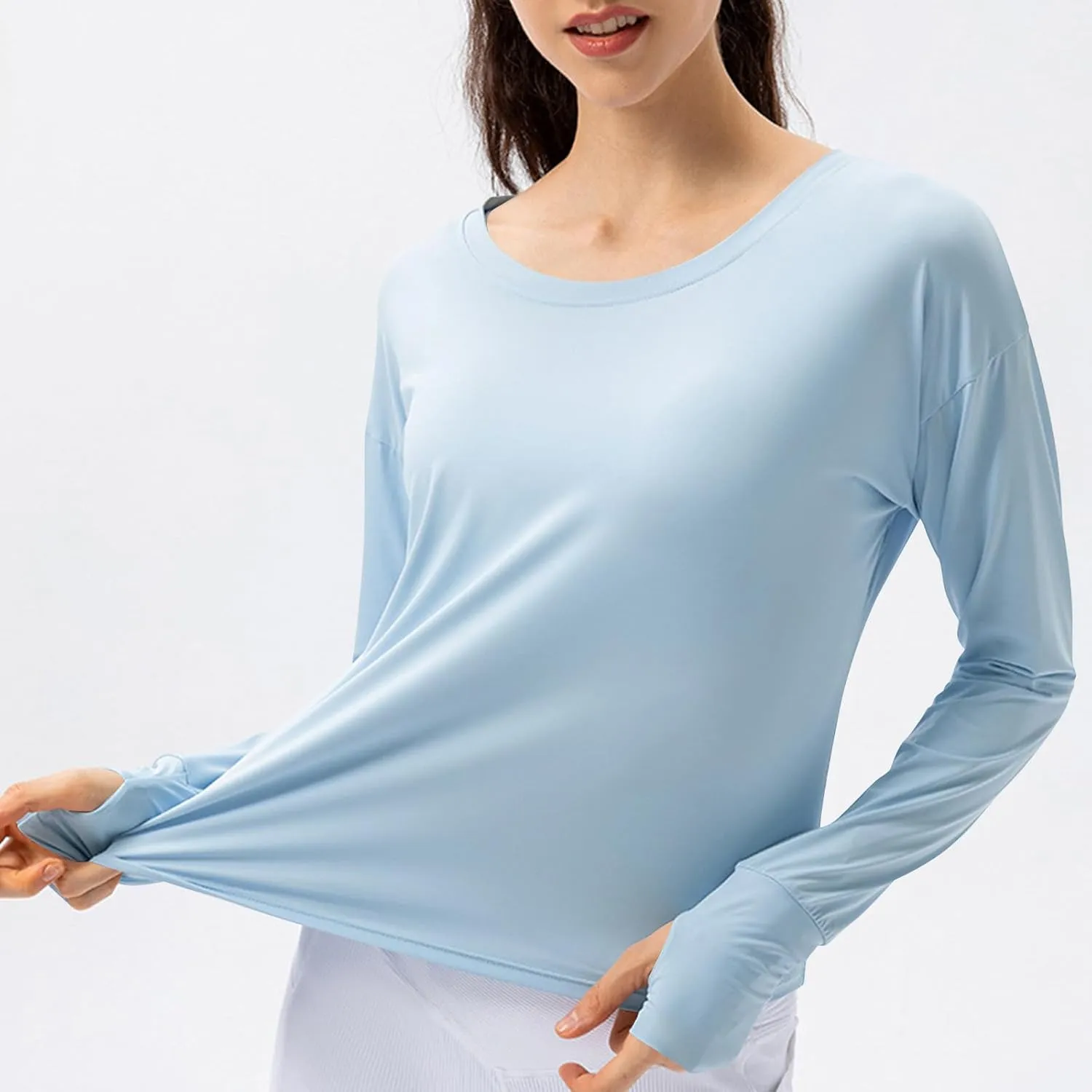 Long Sleeve Sun Protection Shirt for Women Round Neck Solid Color Yoga Workout Lightweight Cooling Summer Jackets