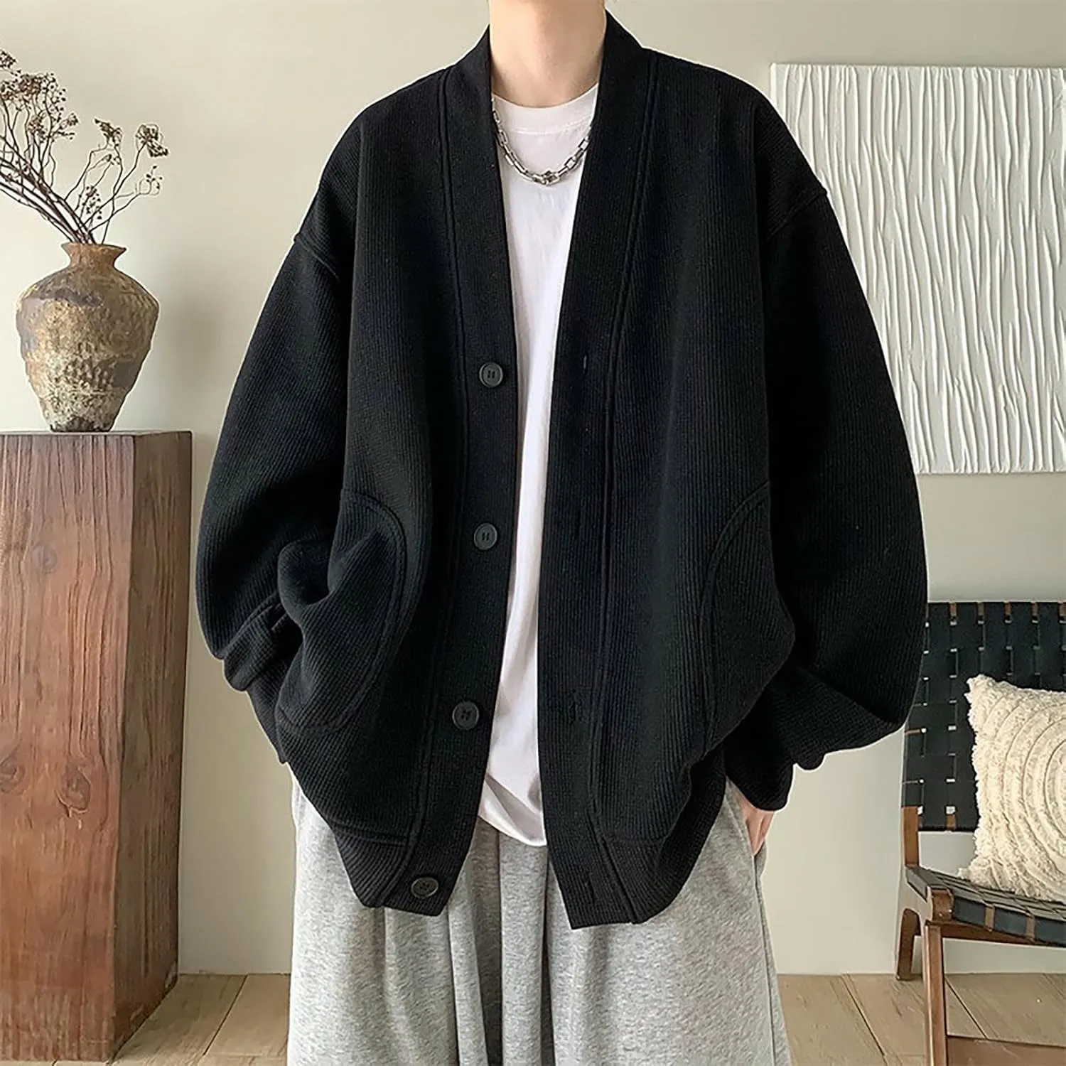 Loose Cardigan Sweater for Men Button Down Long Sleeve V Neck Cable Knit Sweaters Japanese Streetwear Vintage Clothes