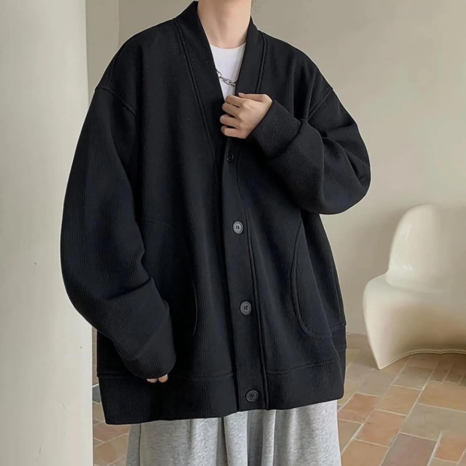 Loose Cardigan Sweater for Men Button Down Long Sleeve V Neck Cable Knit Sweaters Japanese Streetwear Vintage Clothes