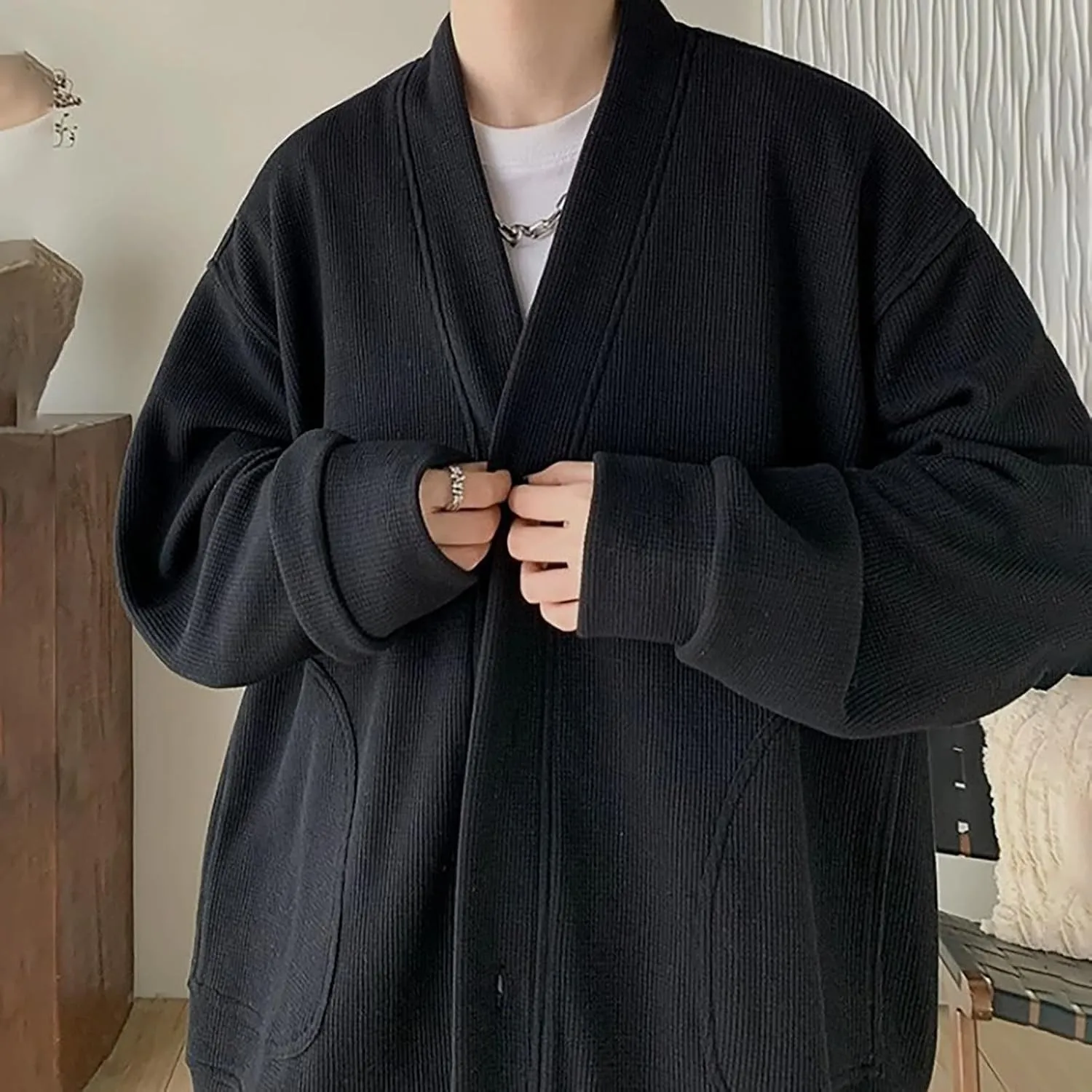 Loose Cardigan Sweater for Men Button Down Long Sleeve V Neck Cable Knit Sweaters Japanese Streetwear Vintage Clothes