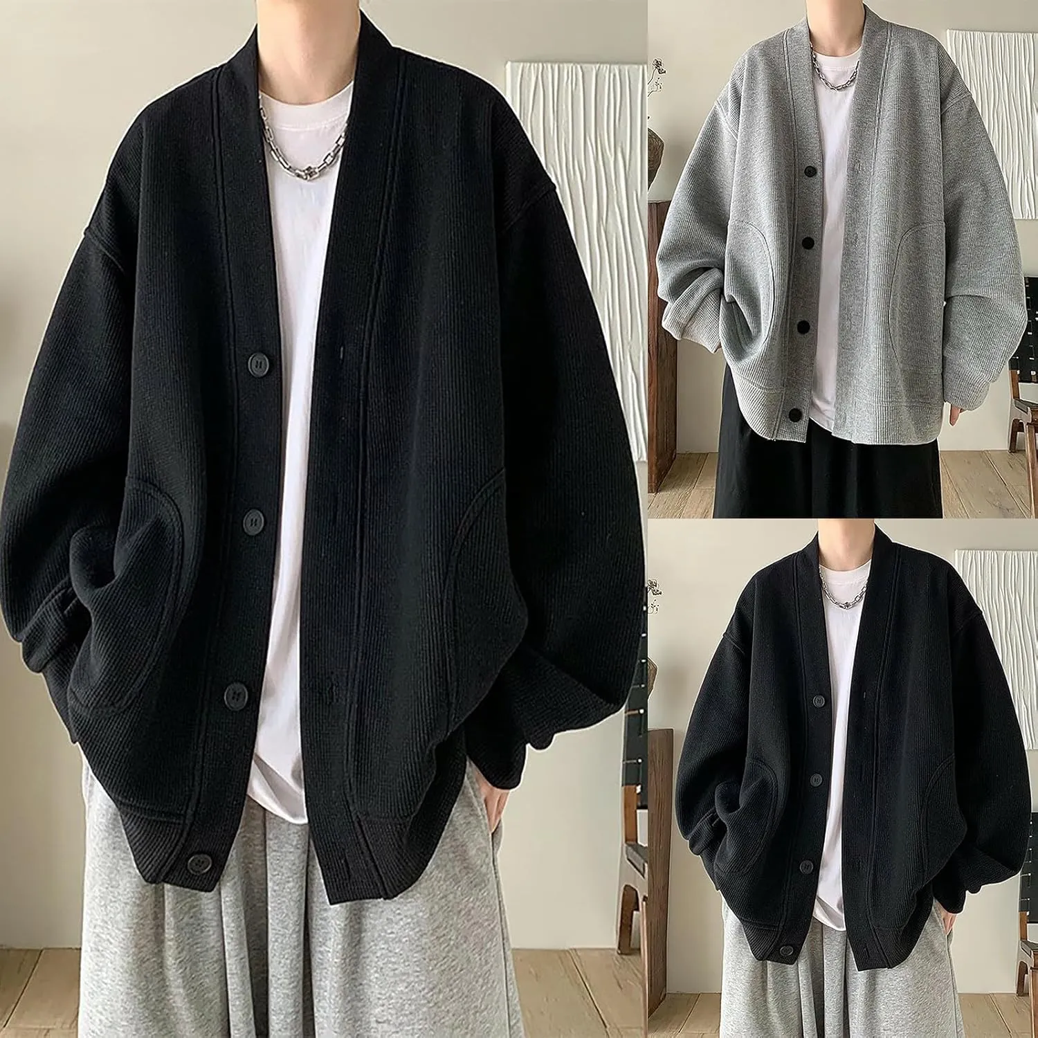 Loose Cardigan Sweater for Men Button Down Long Sleeve V Neck Cable Knit Sweaters Japanese Streetwear Vintage Clothes