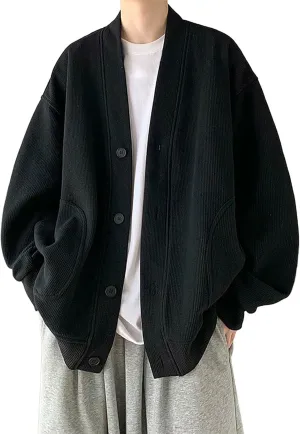 Loose Cardigan Sweater for Men Button Down Long Sleeve V Neck Cable Knit Sweaters Japanese Streetwear Vintage Clothes
