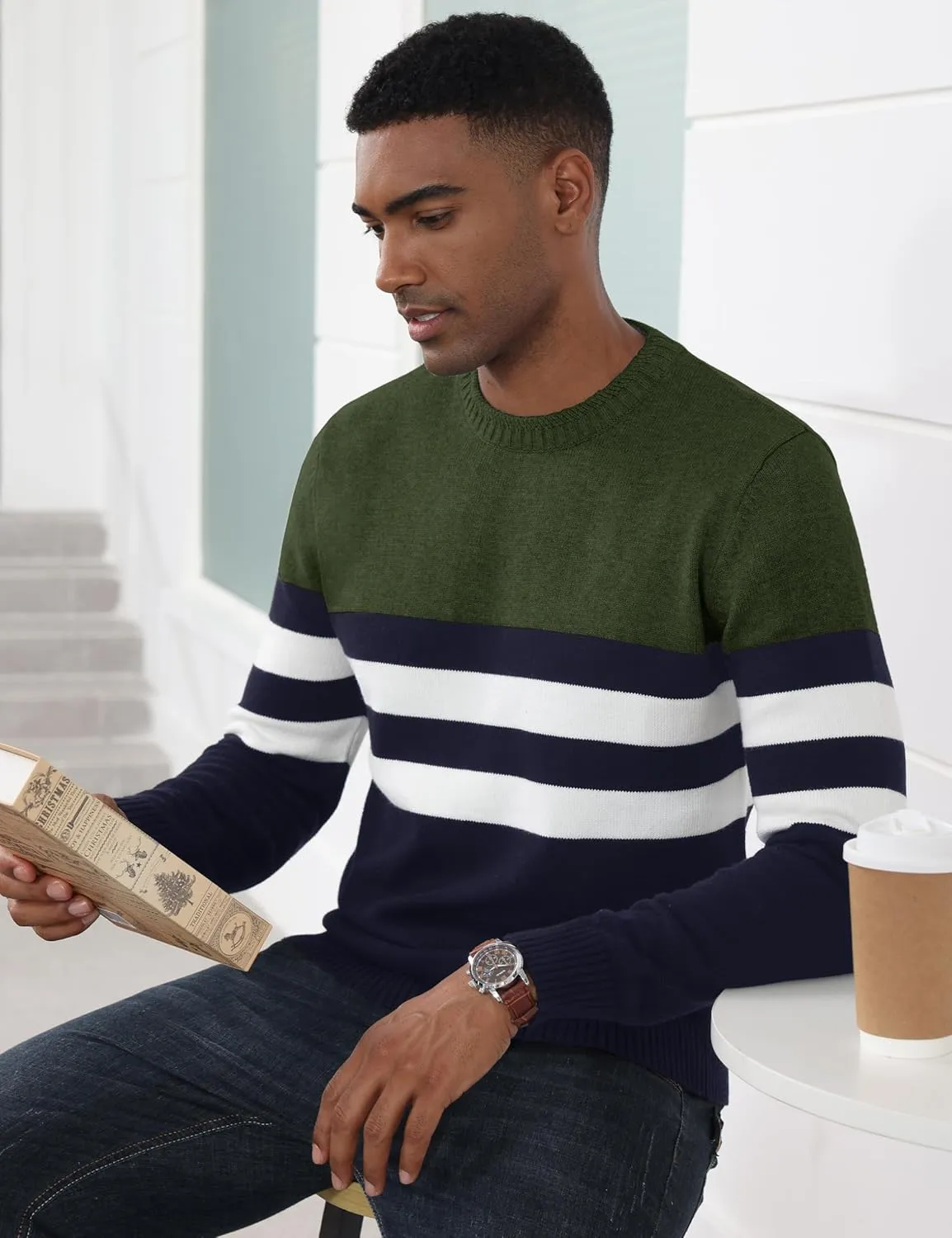 MAGCOMSEN Men's Crewneck Sweater Color Block Striped Pullover Soft Thermal Knitted Sweater Long Sleeve Casual Pullover