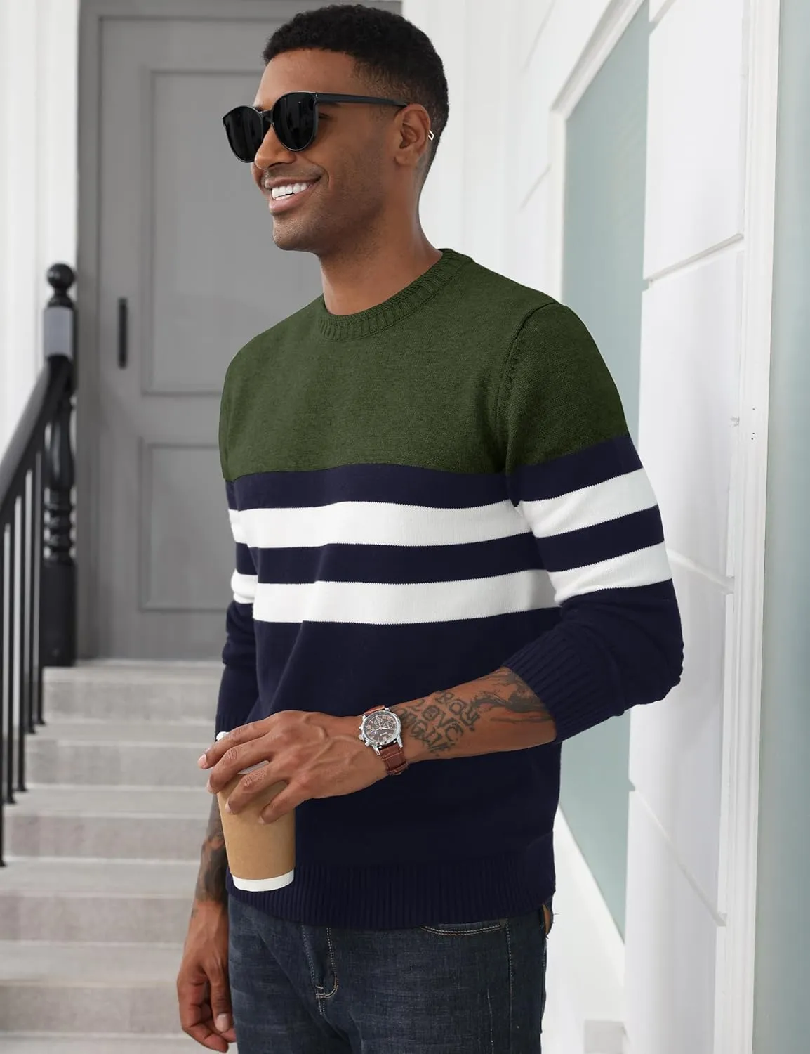MAGCOMSEN Men's Crewneck Sweater Color Block Striped Pullover Soft Thermal Knitted Sweater Long Sleeve Casual Pullover