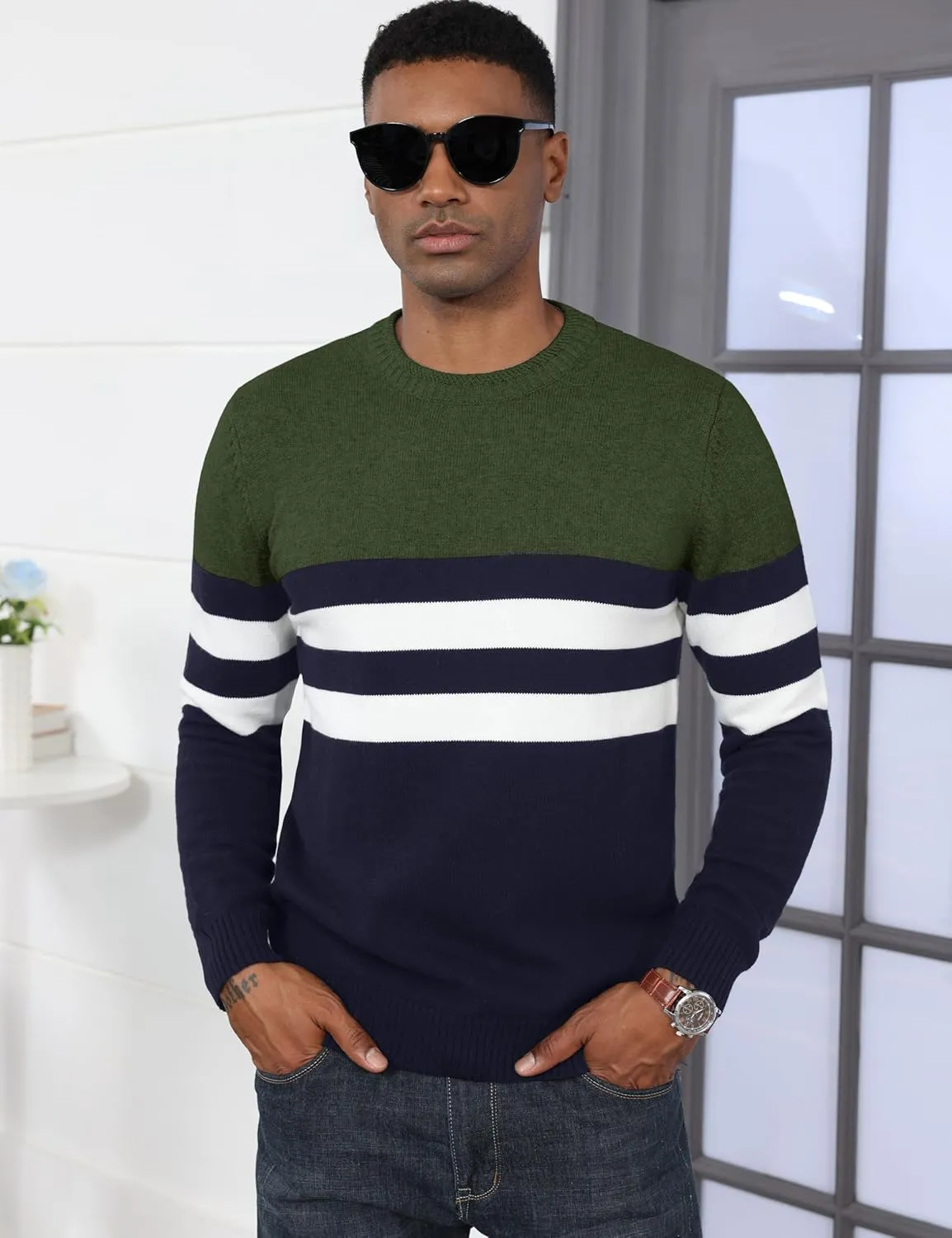 MAGCOMSEN Men's Crewneck Sweater Color Block Striped Pullover Soft Thermal Knitted Sweater Long Sleeve Casual Pullover