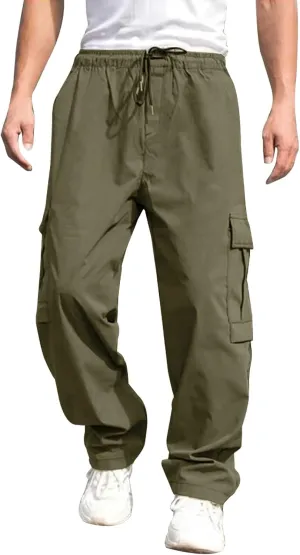Male Versatile All Season Cargo Pants Multi Pocket Hem Solid Color Plus Size Outdoor Trousers for Men High
