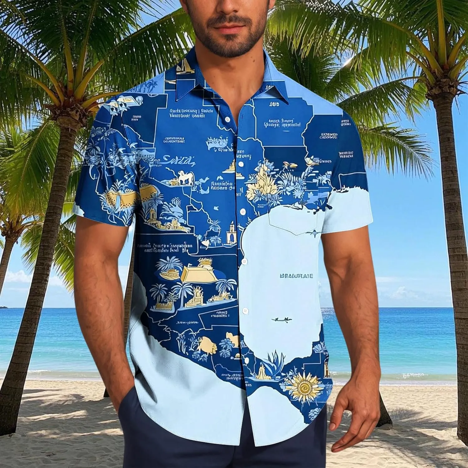 Maps Printed Mens Hawaiian Shirts - Lapel Collared Casual Button Down Short Sleeve Tropical Vacation Beach Shirt