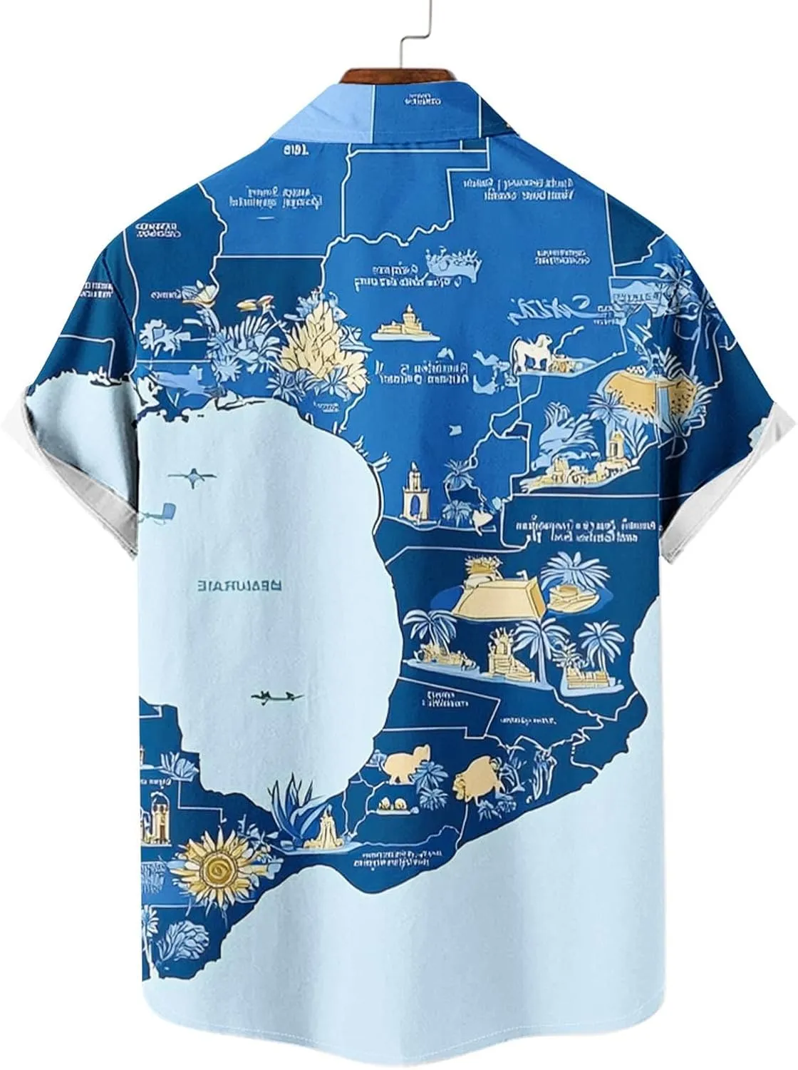 Maps Printed Mens Hawaiian Shirts - Lapel Collared Casual Button Down Short Sleeve Tropical Vacation Beach Shirt