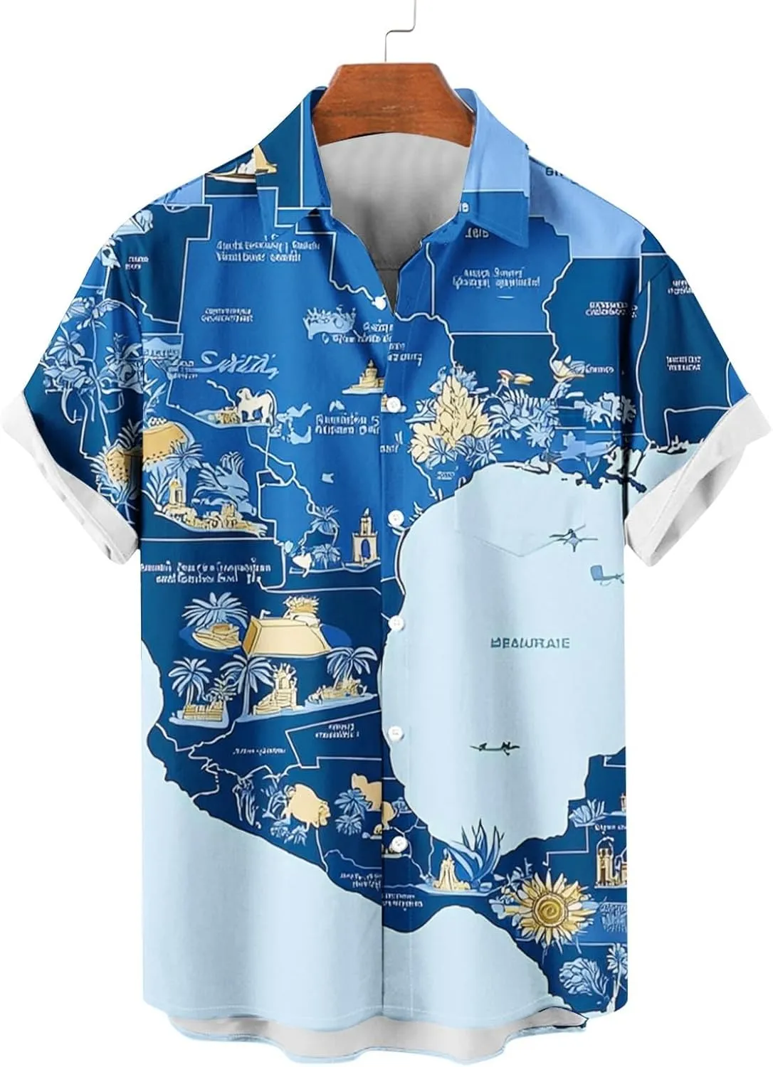 Maps Printed Mens Hawaiian Shirts - Lapel Collared Casual Button Down Short Sleeve Tropical Vacation Beach Shirt