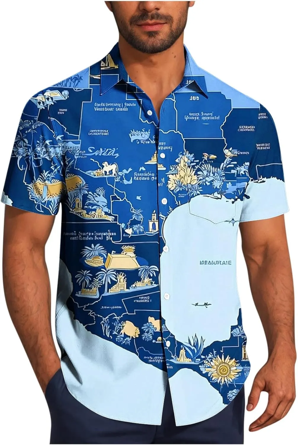 Maps Printed Mens Hawaiian Shirts - Lapel Collared Casual Button Down Short Sleeve Tropical Vacation Beach Shirt