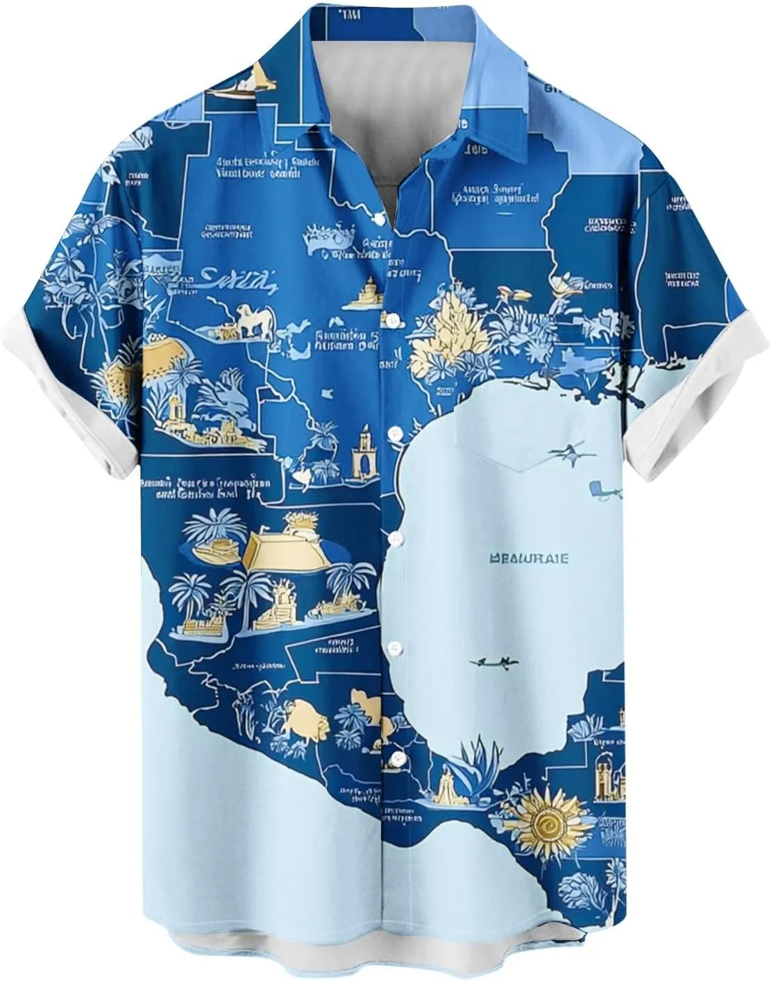 Maps Printed Mens Hawaiian Shirts - Lapel Collared Casual Button Down Short Sleeve Tropical Vacation Beach Shirt