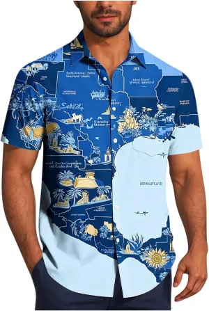 Maps Printed Mens Hawaiian Shirts - Lapel Collared Casual Button Down Short Sleeve Tropical Vacation Beach Shirt