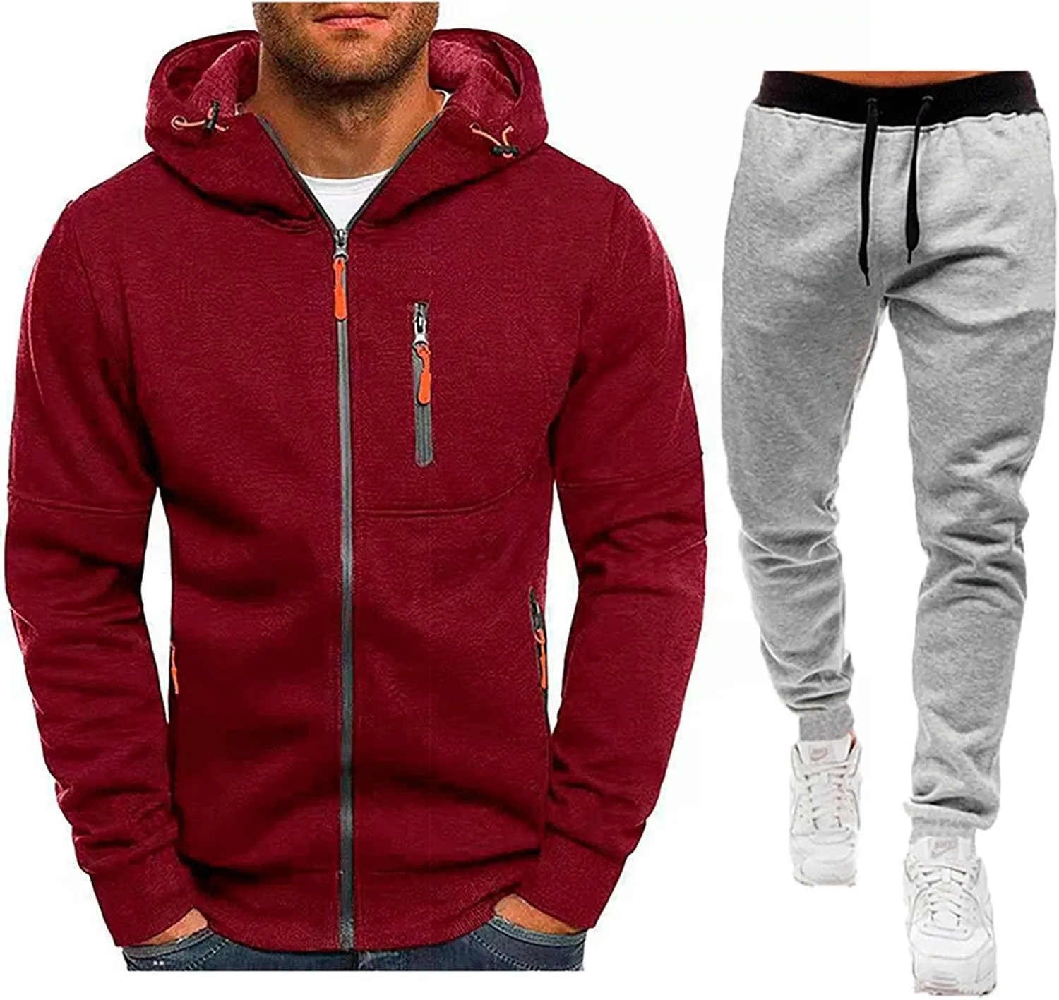 Men Athletic Hoodie Tracksuit 2 Pieces Set Full Zip Sweatshirt Jogging Sweatpant Suit Casual Gym Outfit with Pockets