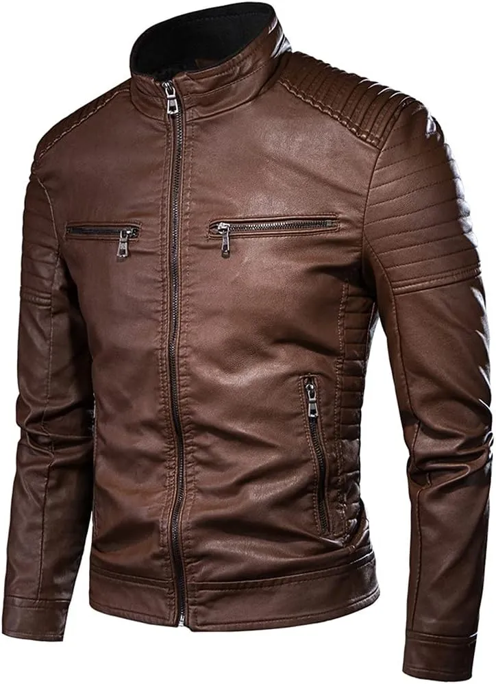 Men Autumn Causal Vintage Leather Jacket Coat Spring Motor Biker Pocket PU Leather Jacket
