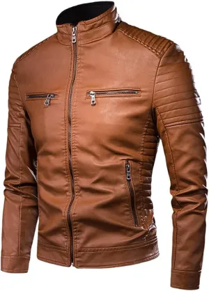 Men Autumn Causal Vintage Leather Jacket Coat Spring Motor Biker Pocket PU Leather Jacket