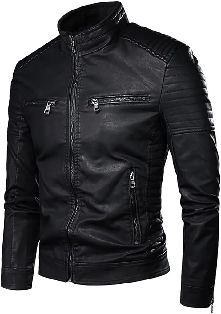 Men Autumn Causal Vintage Leather Jacket Coat Spring Motor Biker Pocket PU Leather Jacket