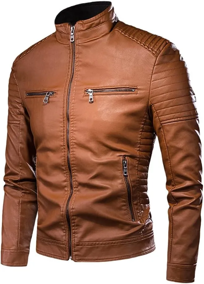 Men Autumn Causal Vintage Leather Jacket Coat Spring Motor Biker Pocket PU Leather Jacket
