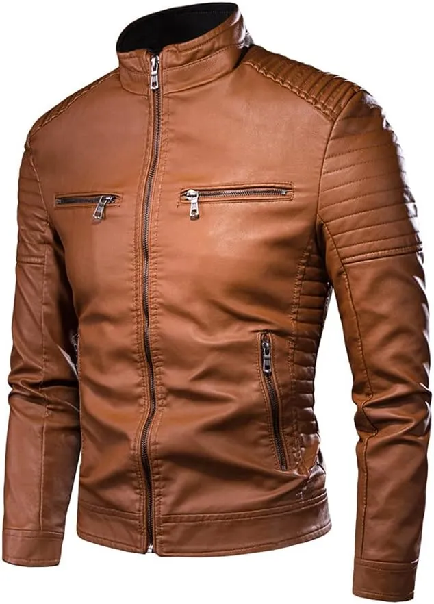 Men Autumn Causal Vintage Leather Jacket Coat Spring Motor Biker Pocket PU Leather Jacket