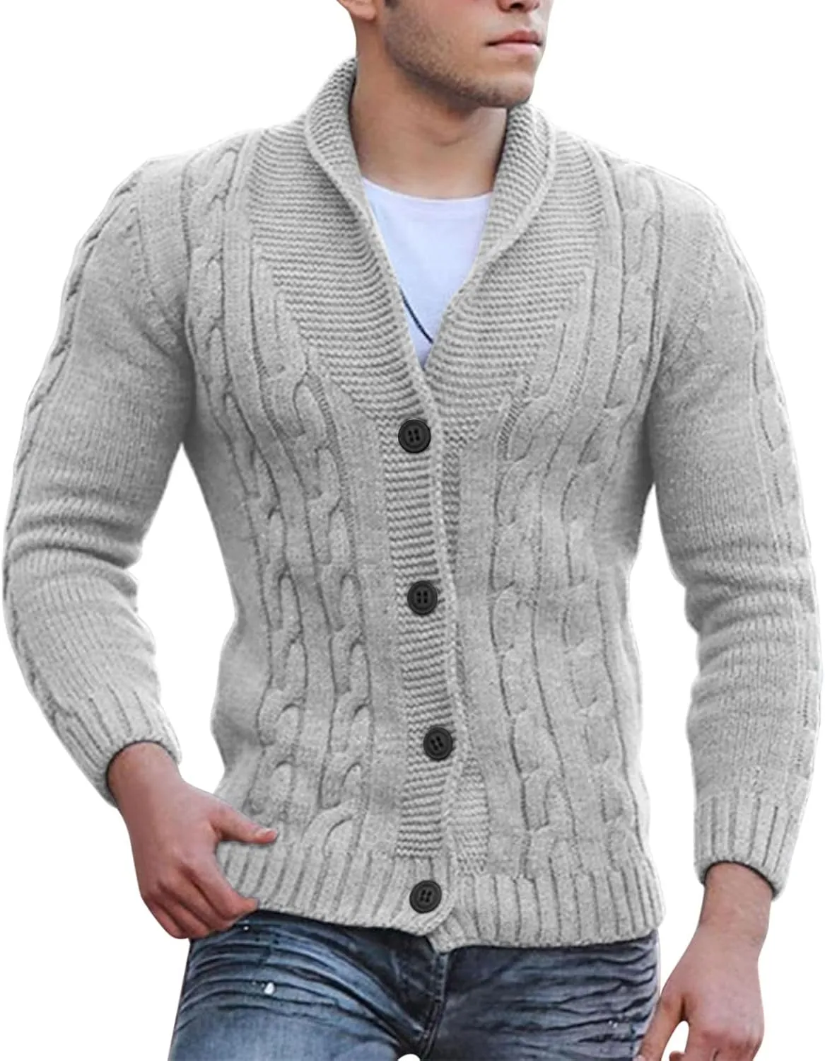 Men Cable Knit Cardigan Sweater Plus Size Chunky Thermal Shawl Collar Button Up Jacket Long Sleeve Casual Knitwear