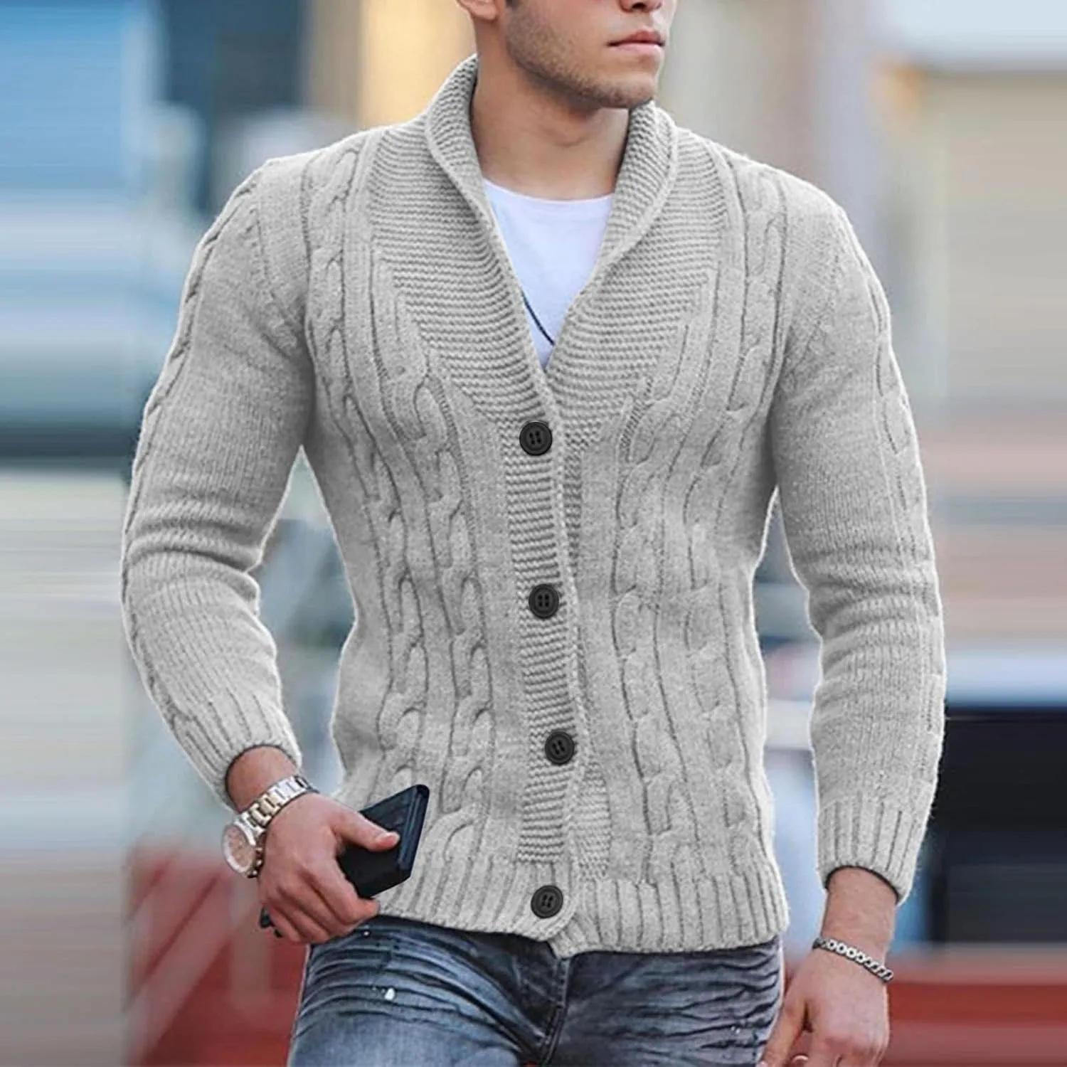 Men Cable Knit Cardigan Sweater Plus Size Chunky Thermal Shawl Collar Button Up Jacket Long Sleeve Casual Knitwear