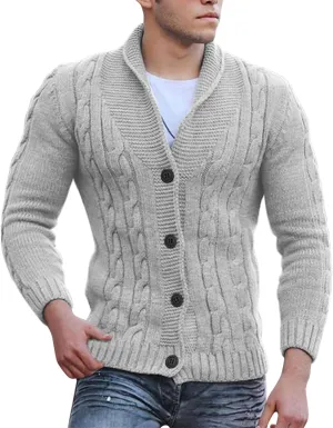 Men Cable Knit Cardigan Sweater Plus Size Chunky Thermal Shawl Collar Button Up Jacket Long Sleeve Casual Knitwear
