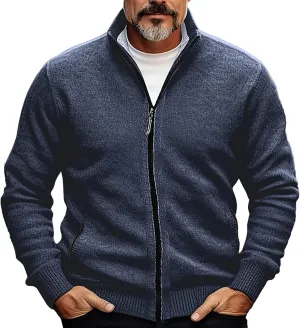 Men Cardigan Sweater Oversize Chunky Warm Full Zip Knitted Jacket Stand Collar Long Sleeve Knitwear Coat with Pockets