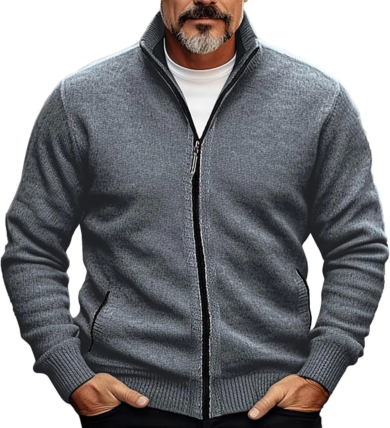 Men Cardigan Sweater Oversize Chunky Warm Full Zip Knitted Jacket Stand Collar Long Sleeve Knitwear Coat with Pockets