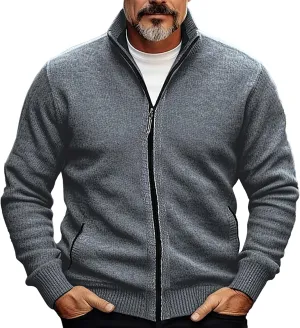 Men Cardigan Sweater Oversize Chunky Warm Full Zip Knitted Jacket Stand Collar Long Sleeve Knitwear Coat with Pockets
