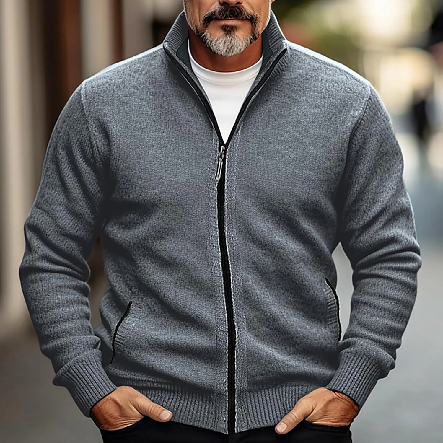 Men Cardigan Sweater Oversize Chunky Warm Full Zip Knitted Jacket Stand Collar Long Sleeve Knitwear Coat with Pockets