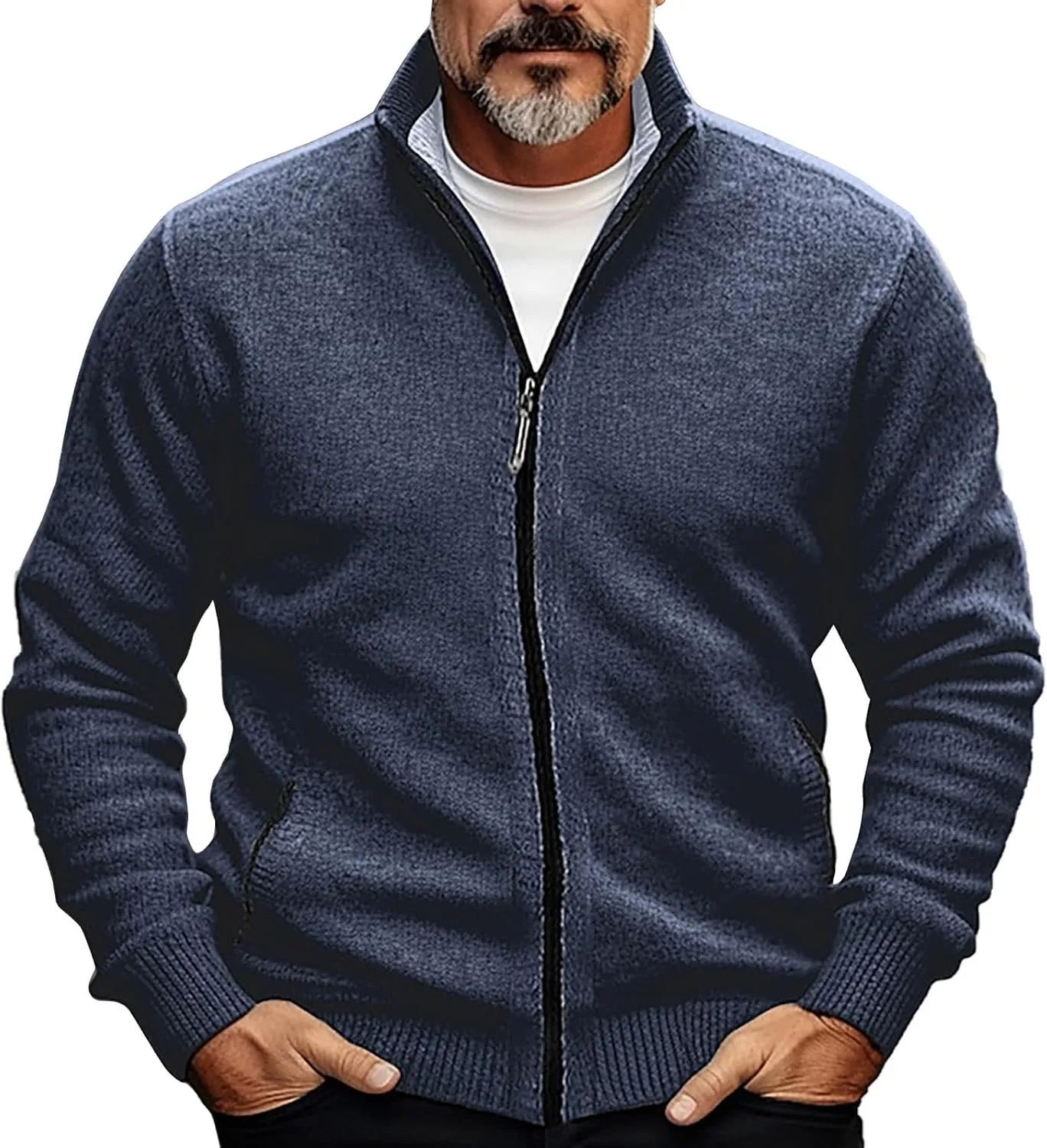 Men Cardigan Sweater Oversize Chunky Warm Full Zip Knitted Jacket Stand Collar Long Sleeve Knitwear Coat with Pockets