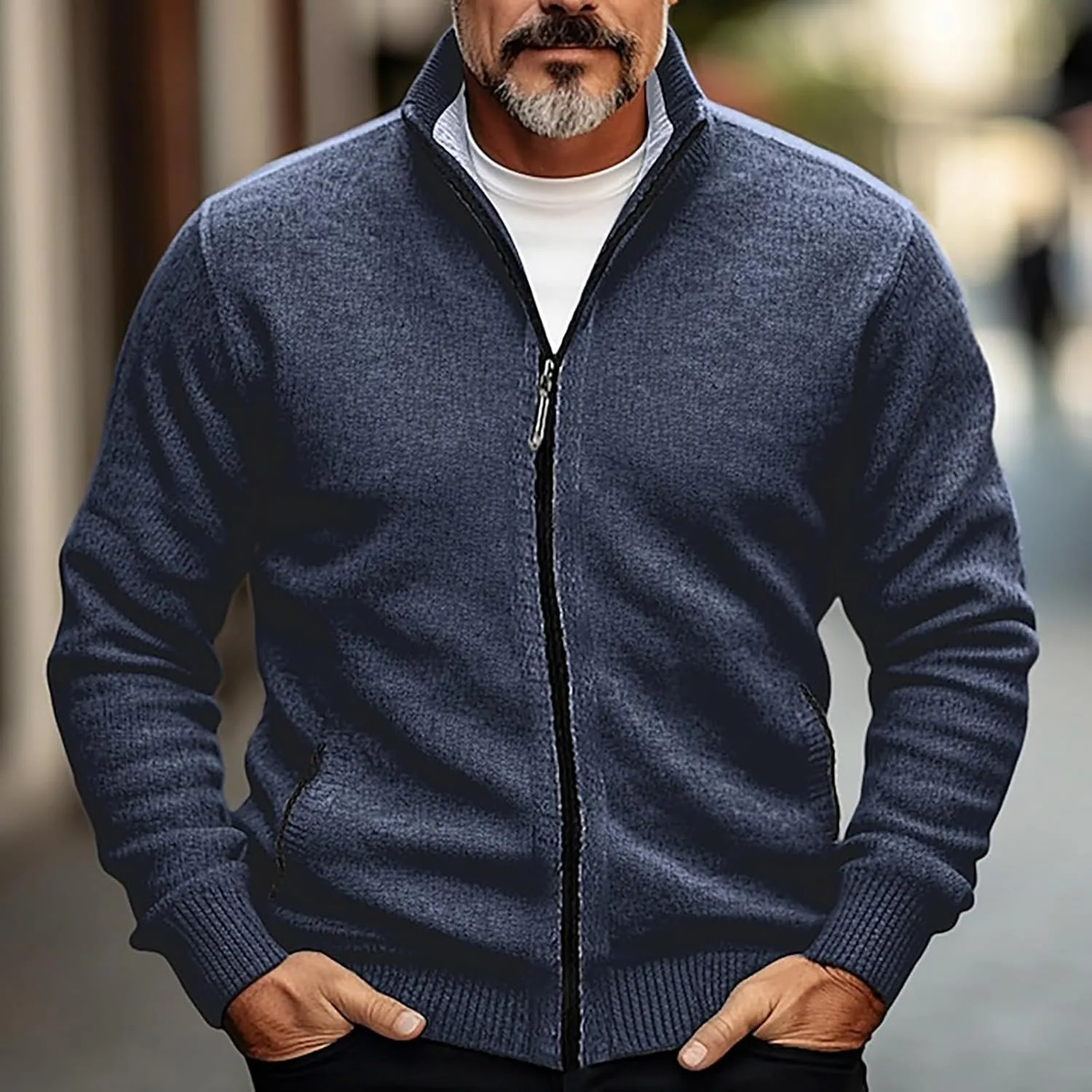 Men Cardigan Sweater Oversize Chunky Warm Full Zip Knitted Jacket Stand Collar Long Sleeve Knitwear Coat with Pockets