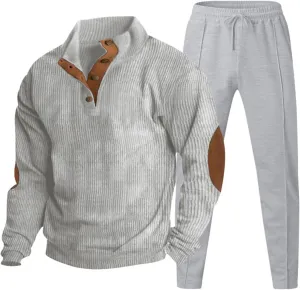 Men Corduroy Jogging Tracksuit 2 Piece Outfits Half Button Polo Sweatshirt Sweatpants Set Thermal Loose Pullover
