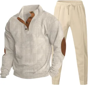 Men Corduroy Jogging Tracksuit 2 Piece Outfits Half Button Polo Sweatshirt Sweatpants Set Thermal Loose Pullover