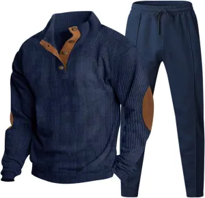 Men Corduroy Jogging Tracksuit 2 Piece Outfits Half Button Polo Sweatshirt Sweatpants Set Thermal Loose Pullover