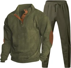 Men Corduroy Jogging Tracksuit 2 Piece Outfits Half Button Polo Sweatshirt Sweatpants Set Thermal Loose Pullover