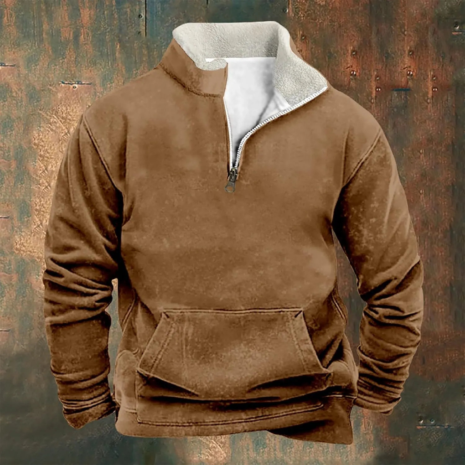 Men Fleece Lined Sweatshirt Plus Size 1/4 Zip Warm Sherpa Winter Thick Sweater Loose Color Block Long Sleeve Pullover